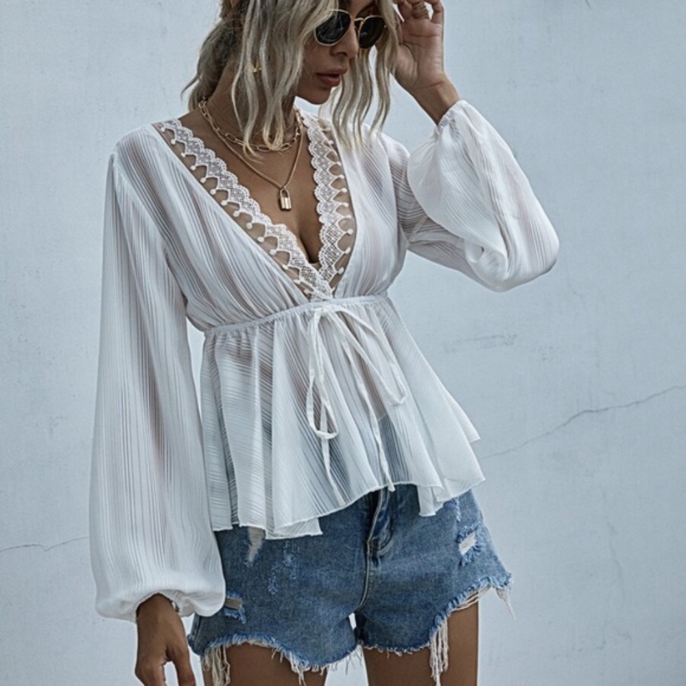 boho gypsy long sleeve babydoll vneck blouse - Picture 3 of 8